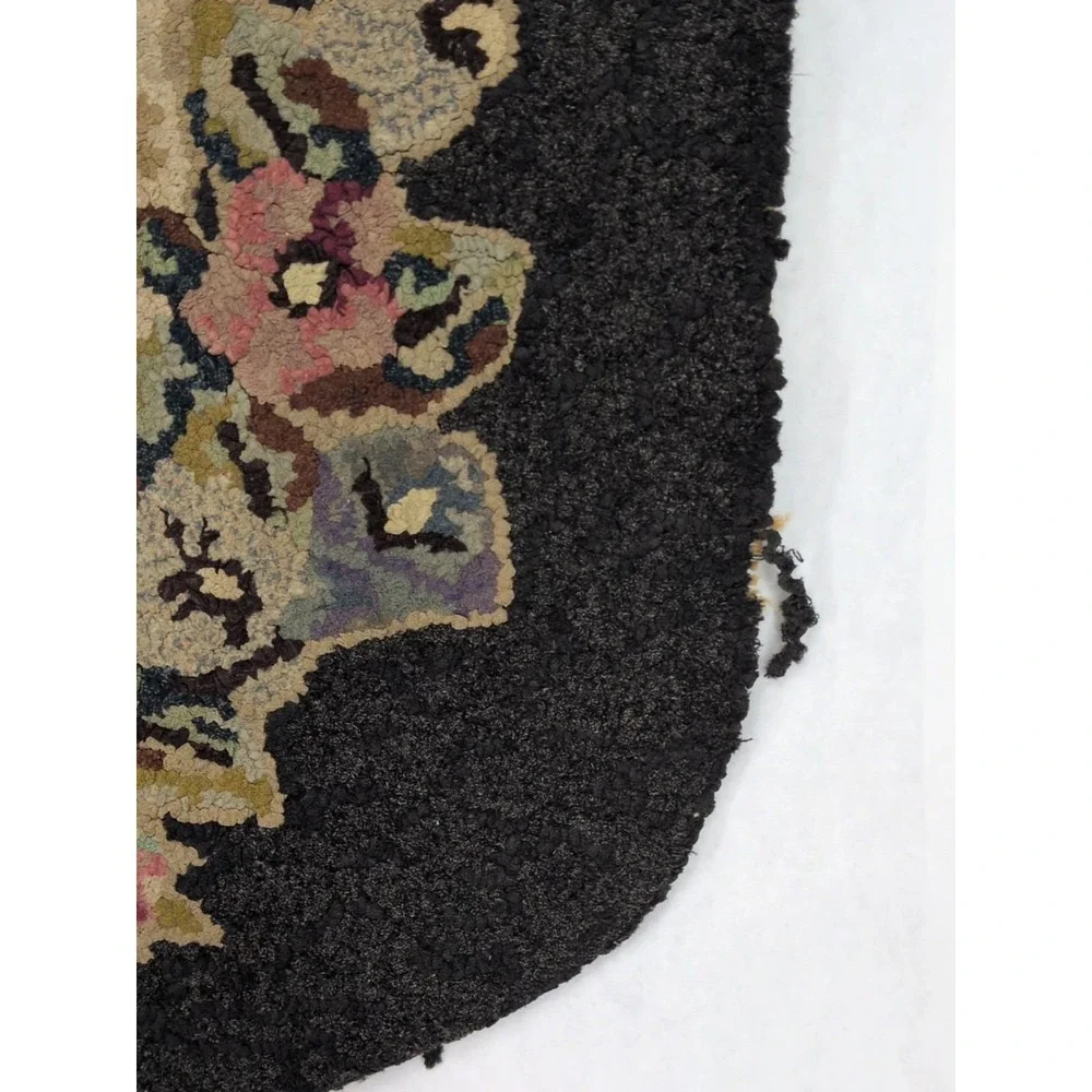 Vintage Hooked Rug Wool Early  Black Floral Pattern Oval 34